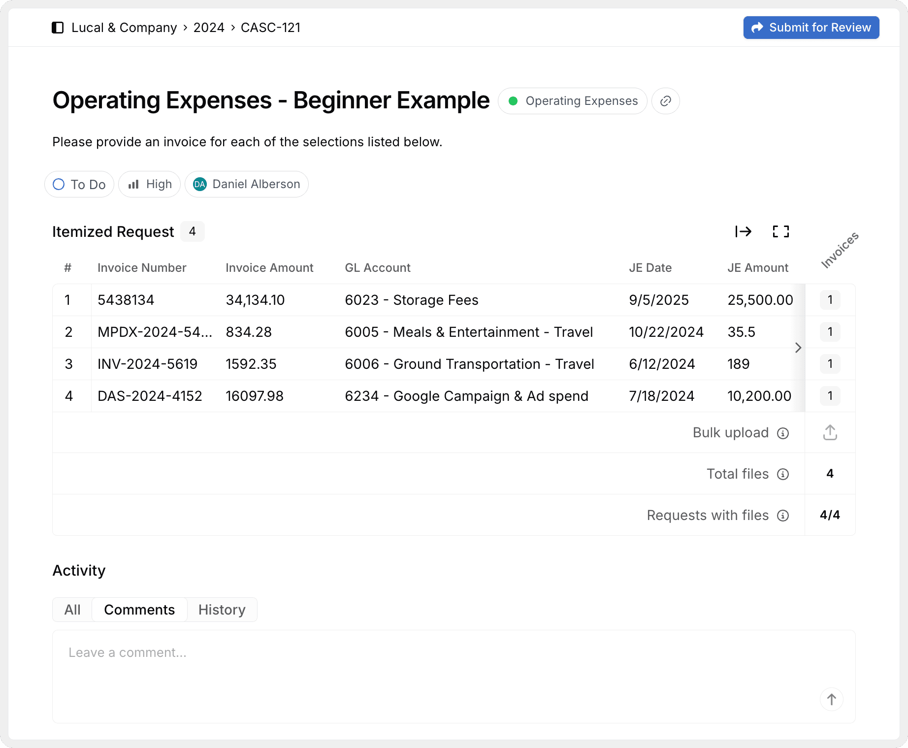 A request showing the title, status, assignee, itemized upload area, and comment thread