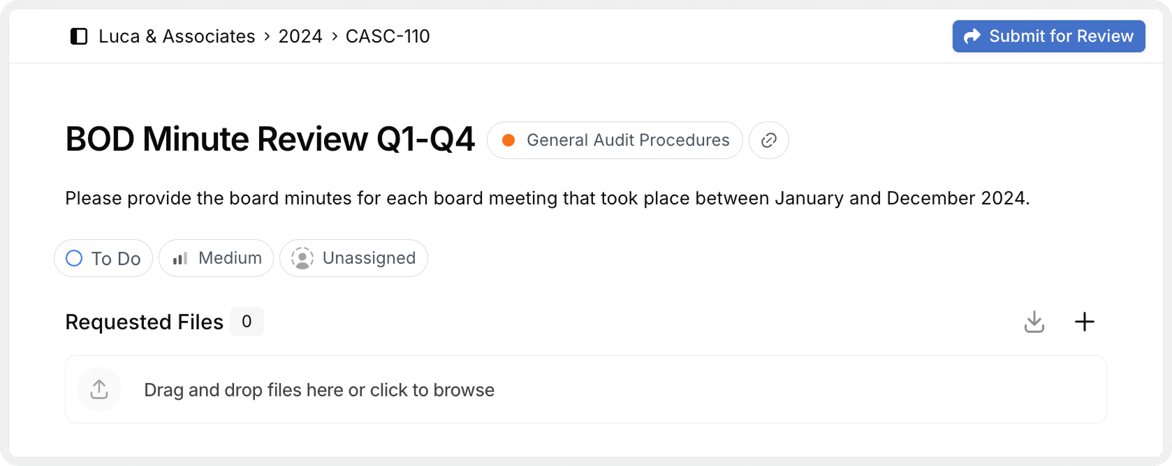 A single-document request with a drag-and-drop upload area for requested files